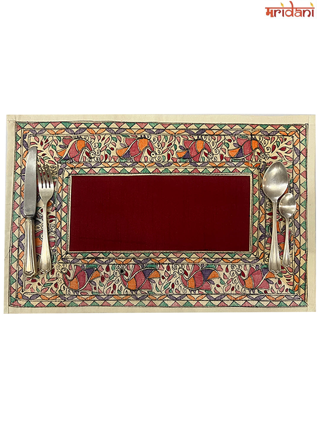 Hand-Painted Madhubani Table Mat Set – Exquisite Peacock Border Design on Maroon